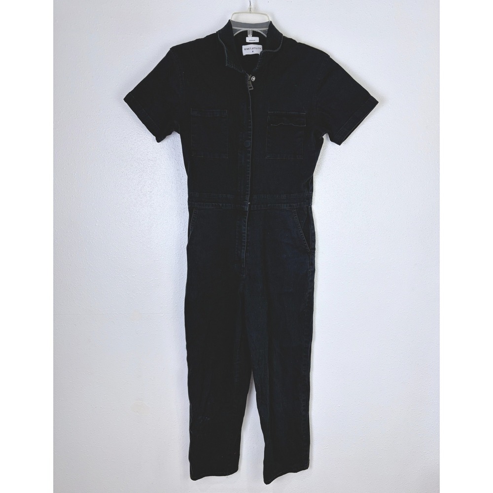 Rivet Utility Worker Jumpsuit Black Zip Front Short Sleeve Boiler Suit M